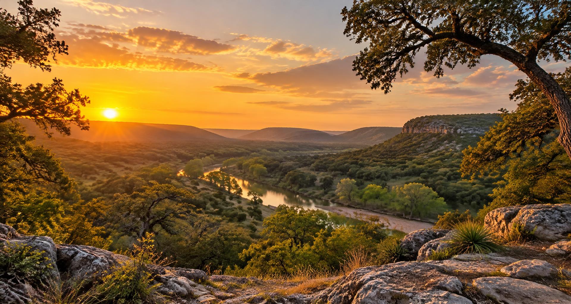 Sunset over the Texas Hill Country and river valley